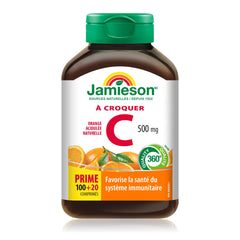 Close-up of Jamieson Vitamin C Orange chewable tablets with tasty flavor