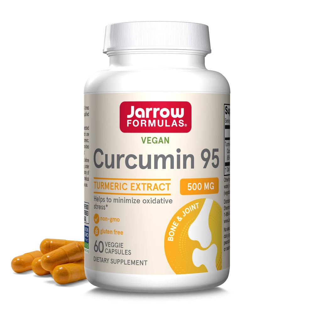 Jarrow Formulas Curcumin 95 bottle on kitchen counter highlighting convenient daily antioxidant support