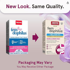 Jarrow Formulas Fem-Dophilus capsules closeup highlighting GR 1 and RC 14 for urinary tract support