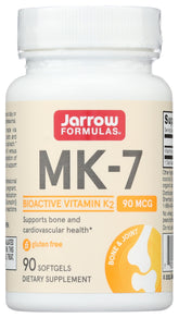 Jarrow Formulas MK-7 bottle front showing convenient daily Vitamin K2 support.