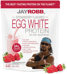 Jay Robb Strawberry Egg White Protein bag front, convenient protein source for on-the-go workouts.
