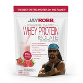 JAYROBB Whey Protein Strawberry label on the tub for clean nutrition on the go