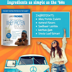 JayRobb vanilla whey powder bottle showing nutrition facts and clean label.