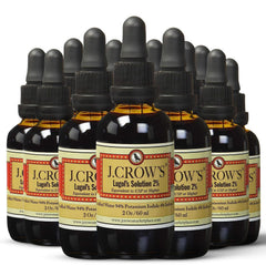 J. CROW'S Lugol's 2% bottle close-up showing a pure iodine source.