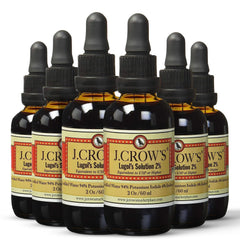 JCROW'S Lugol's iodine bottle close-up showing precise dropper and clear labeling.
