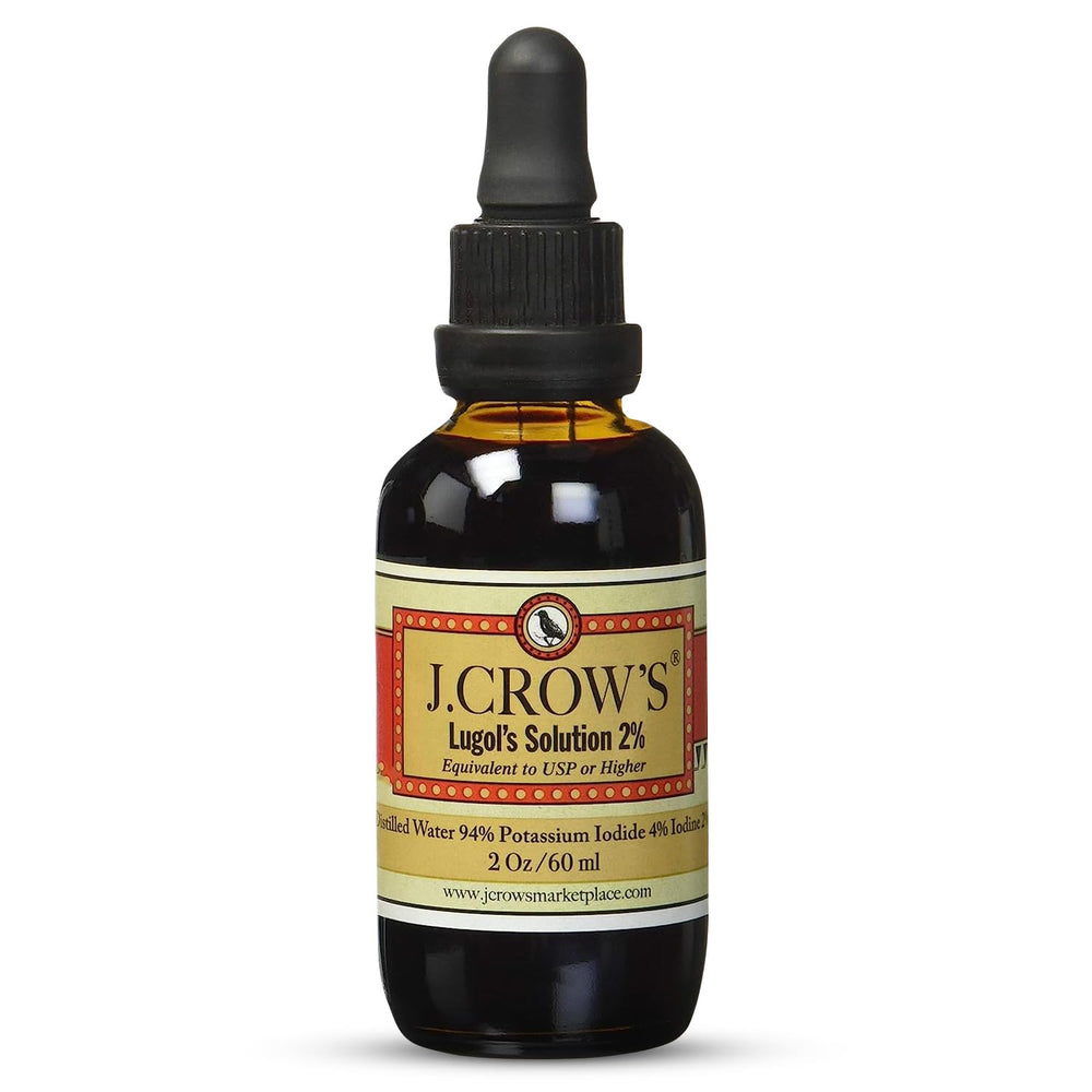 J. CROW'S Lugol's iodine 2% bottle front view for easy dosing.