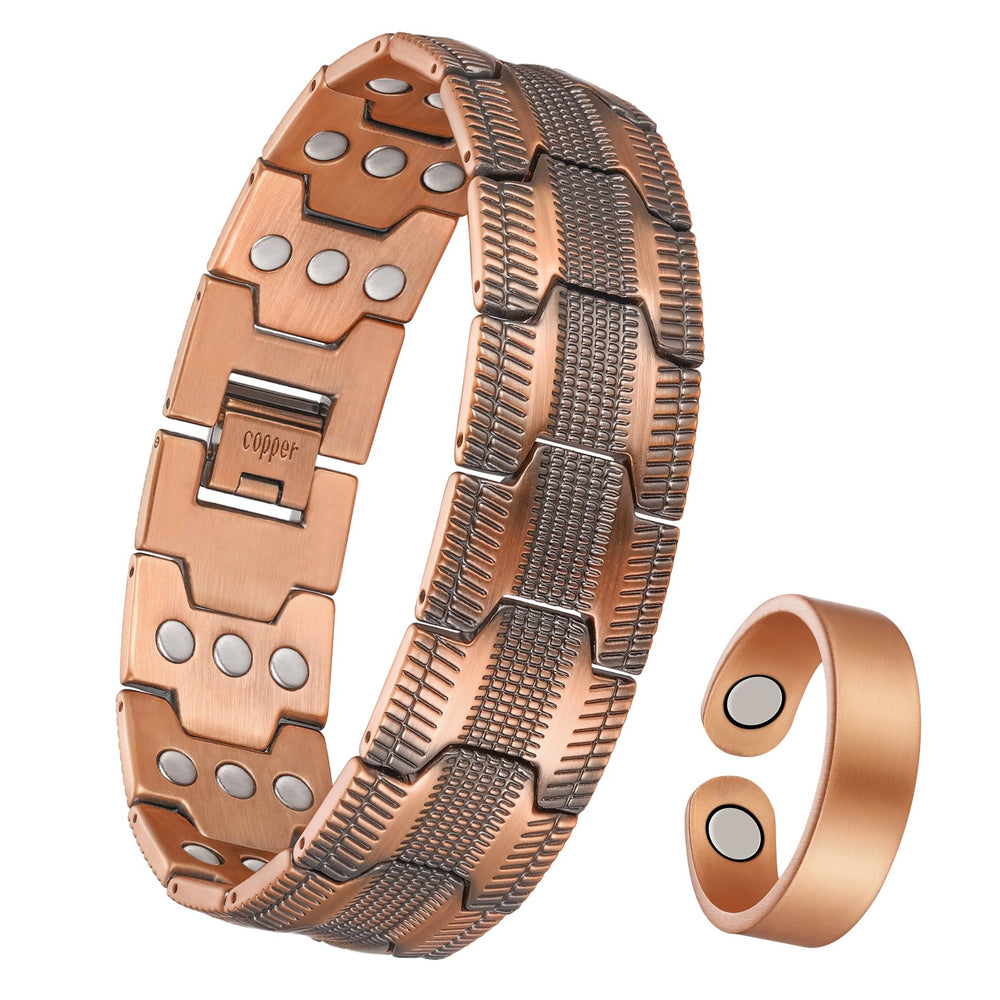 Jeracol men's copper bracelet close-up showing 3x 3500 Gauss magnets for balanced wear.