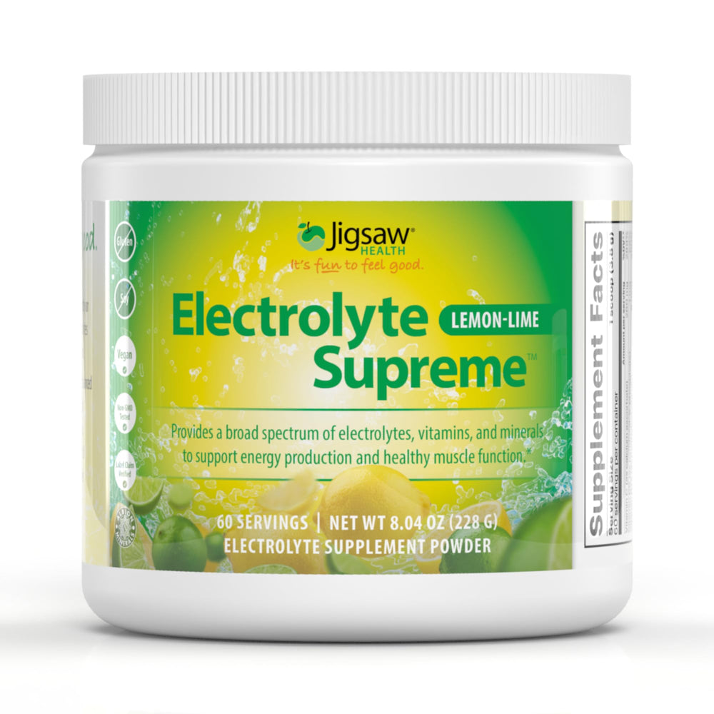 Jigsaw Health Electrolyte Supreme lemon-lime bottle ready for refreshing hydration.