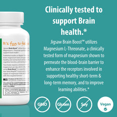Jigsaw Brain Boost serving scoop beside bottle label showing 30 servings.