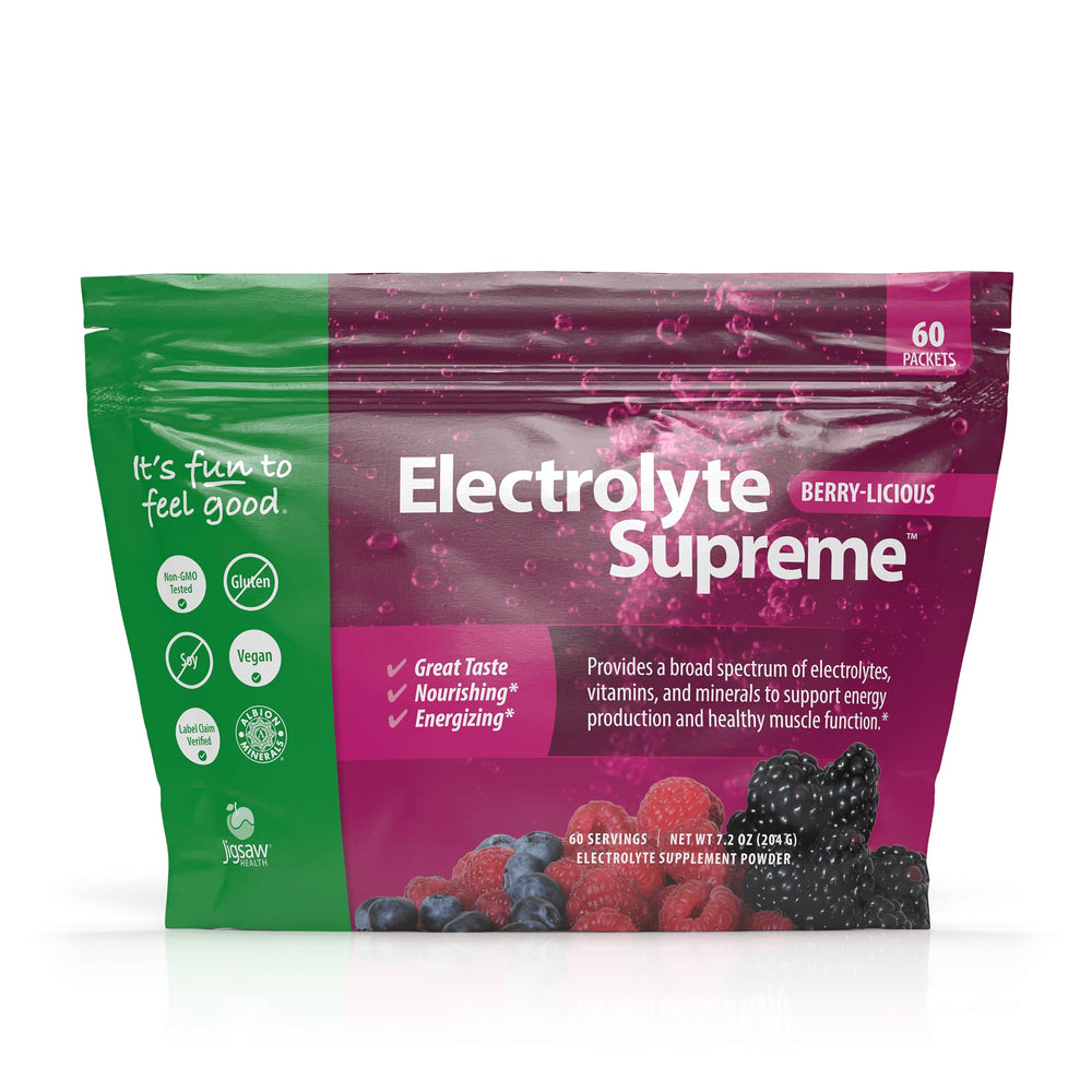 Jigsaw Health Electrolyte Supreme Berry packets for on-the-go hydration.