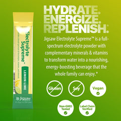Jigsaw Health Electrolyte Supreme powder dissolving in water for tasty hydration.