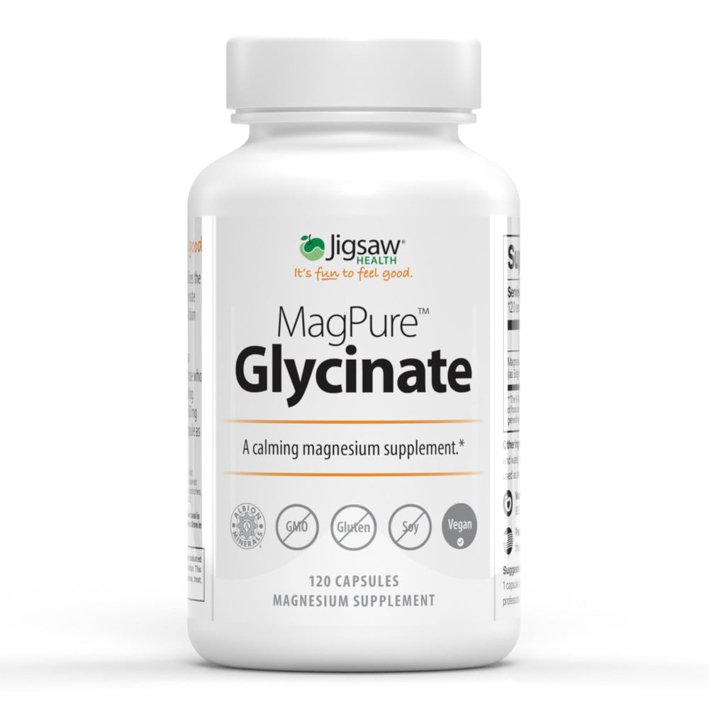 Jigsaw Health MagPure Glycinate capsules close-up for easy daily magnesium intake.