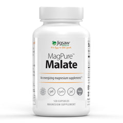 Jigsaw Health MagPure Malate capsules in bottle support daily energy and muscle function.
