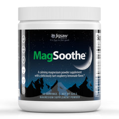 Jigsaw Health MagSoothe raspberry lemonade bottle showcases fast-acting calm support.