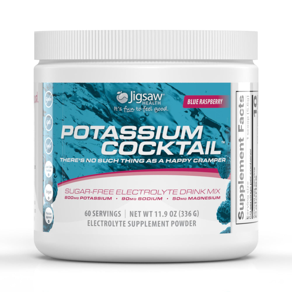 Jigsaw Health Potassium Cocktail bottle with blue raspberry flavor for active hydration
