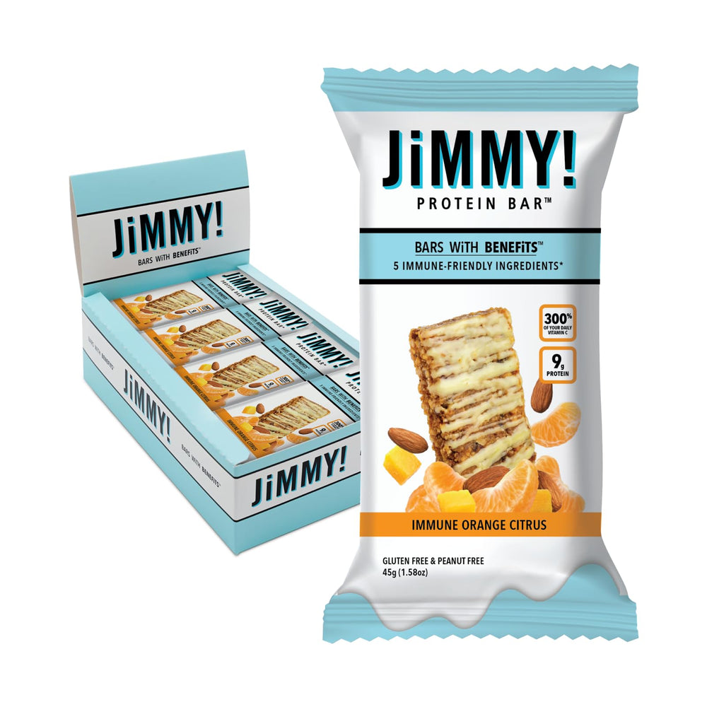 Jimmybar Immune Orange Citrus Blast bar pack shown for on-the-go protein snacking