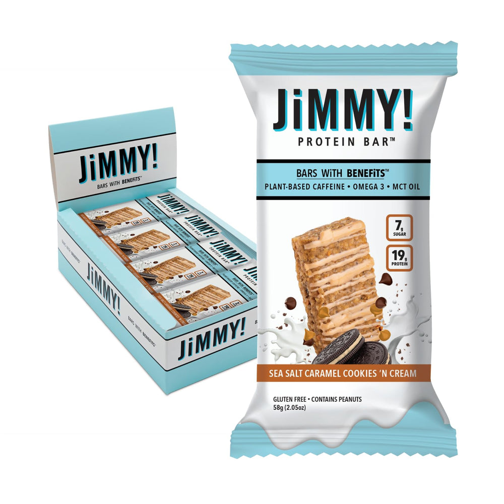 Jimmybar Sea Salt Caramel Cookies N' Cream packaging front view for on-the-go protein