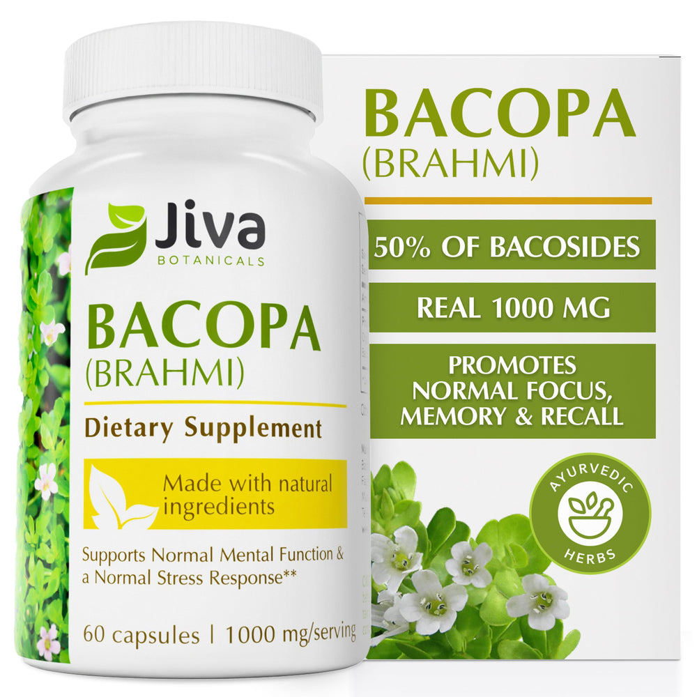 Jiva Botanicals Bacopa Monnieri capsules in an amber bottle for daily brain support