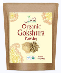 Jiva Organics Gokshura powder bag for daily smoothies and blends.