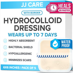 JJ CARE hydrocolloid dressing 6x6 border application demonstrates secure adhesion across wounds.