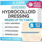 JJ CARE hydrocolloid dressing 6x6 in pack of five protects bedsores with discreet, borderless adhesion.