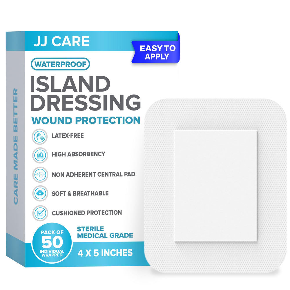 JJ CARE waterproof island dressing 4x5 on skin provides secure protection for lightly draining wounds