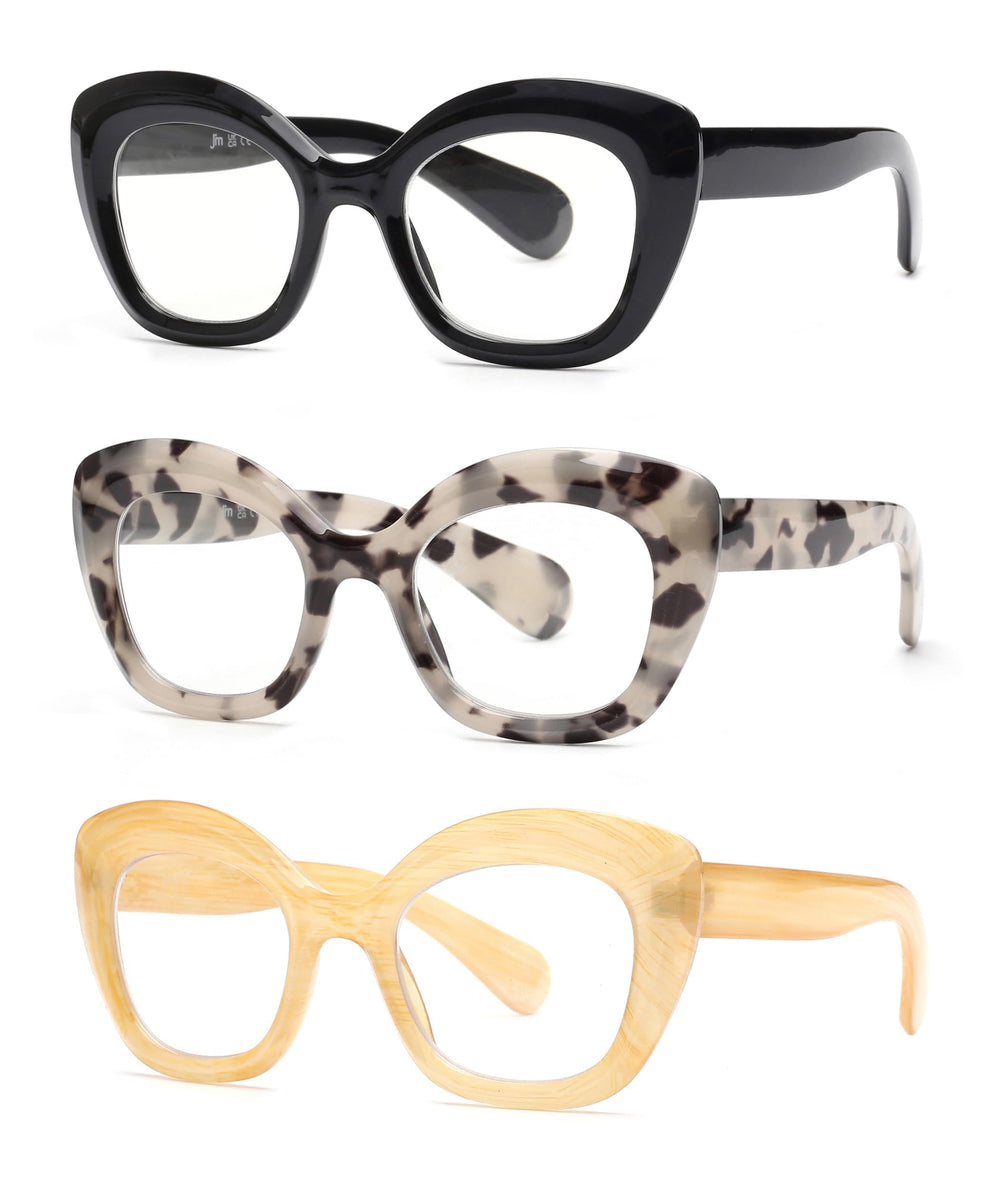 JM 3 Pack oversized cat-eye reading glasses—front view with blue light protection for screen time