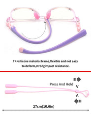 JM Kids blue light glasses pink square wearing image demonstrates lightweight design
