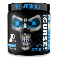 JNX Sports The Curse bottle with blue raspberry flavor ready for intense workouts.