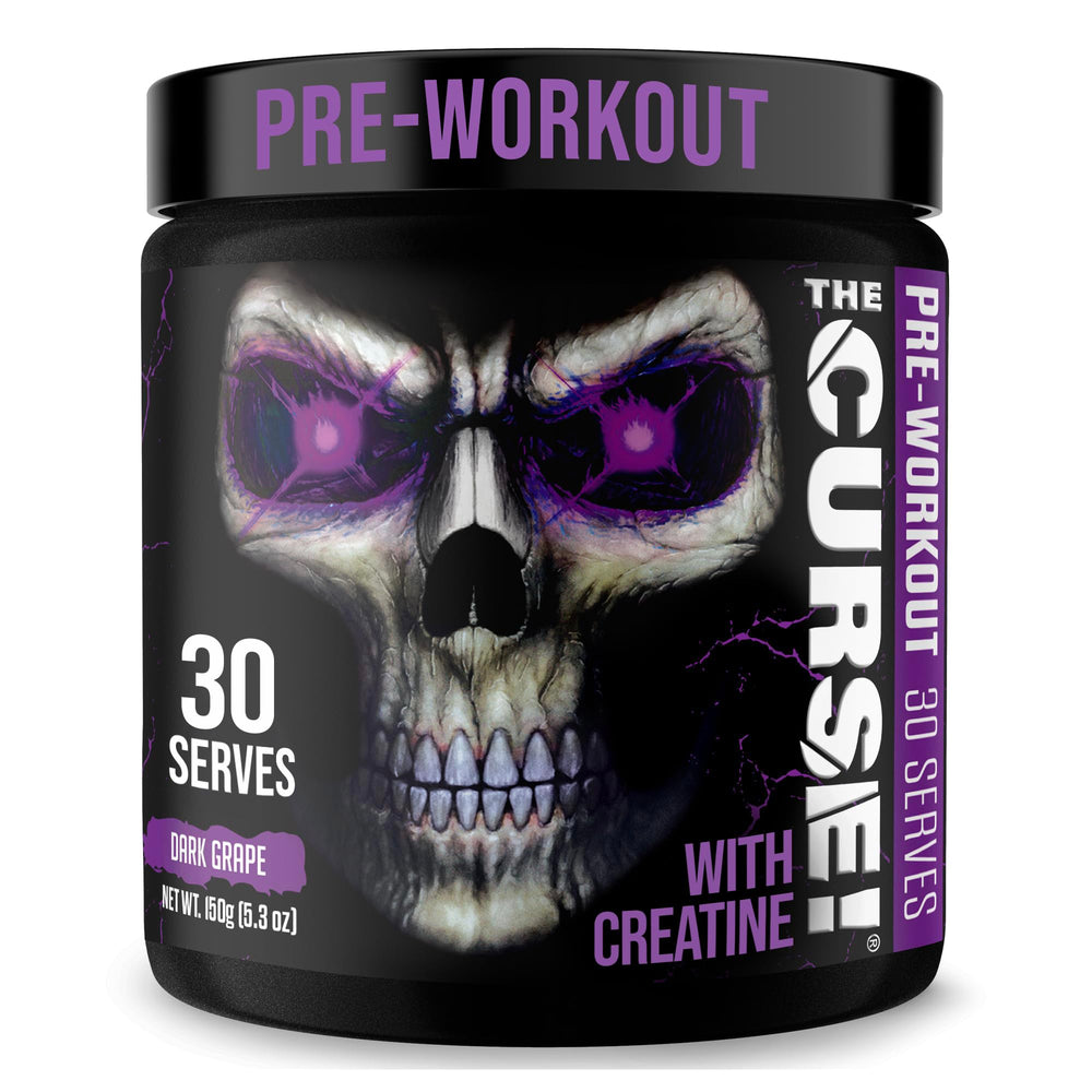 The Curse preworkout tub front view from JNX Sports highlighting energy-boosting formula