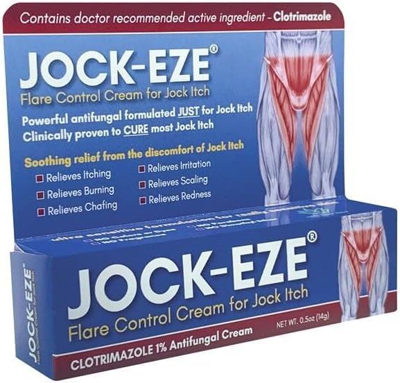 JOCK-EZE Flare Control Cream bottle close-up for gentle jock itch relief.