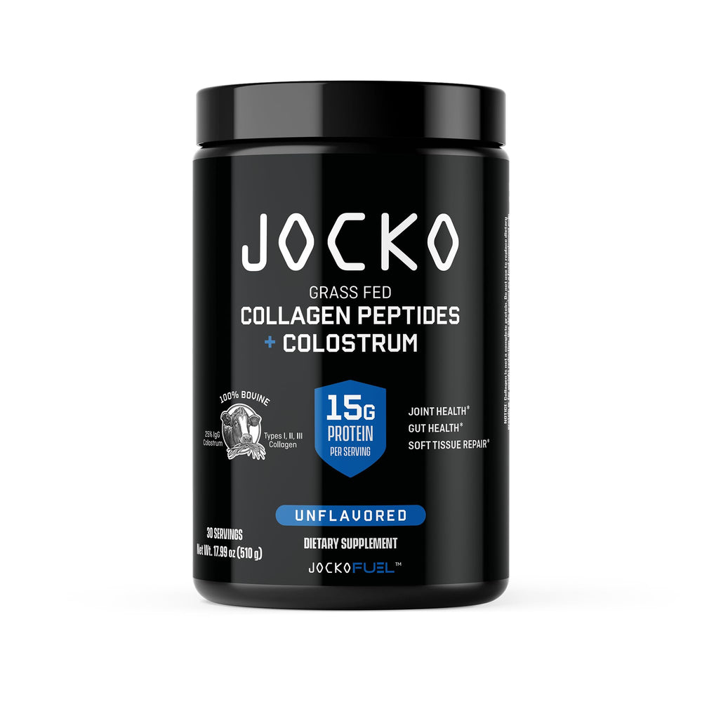 Jocko Fuel collagen-colostrum tub label highlights a dual-action recovery formula.