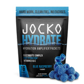 Jocko Fuel Hydrate blue raspberry packet ready to mix for quick workout hydration