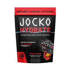 Jocko Fuel Hydrate fruit punch packaging shows a low-sugar electrolyte mix.