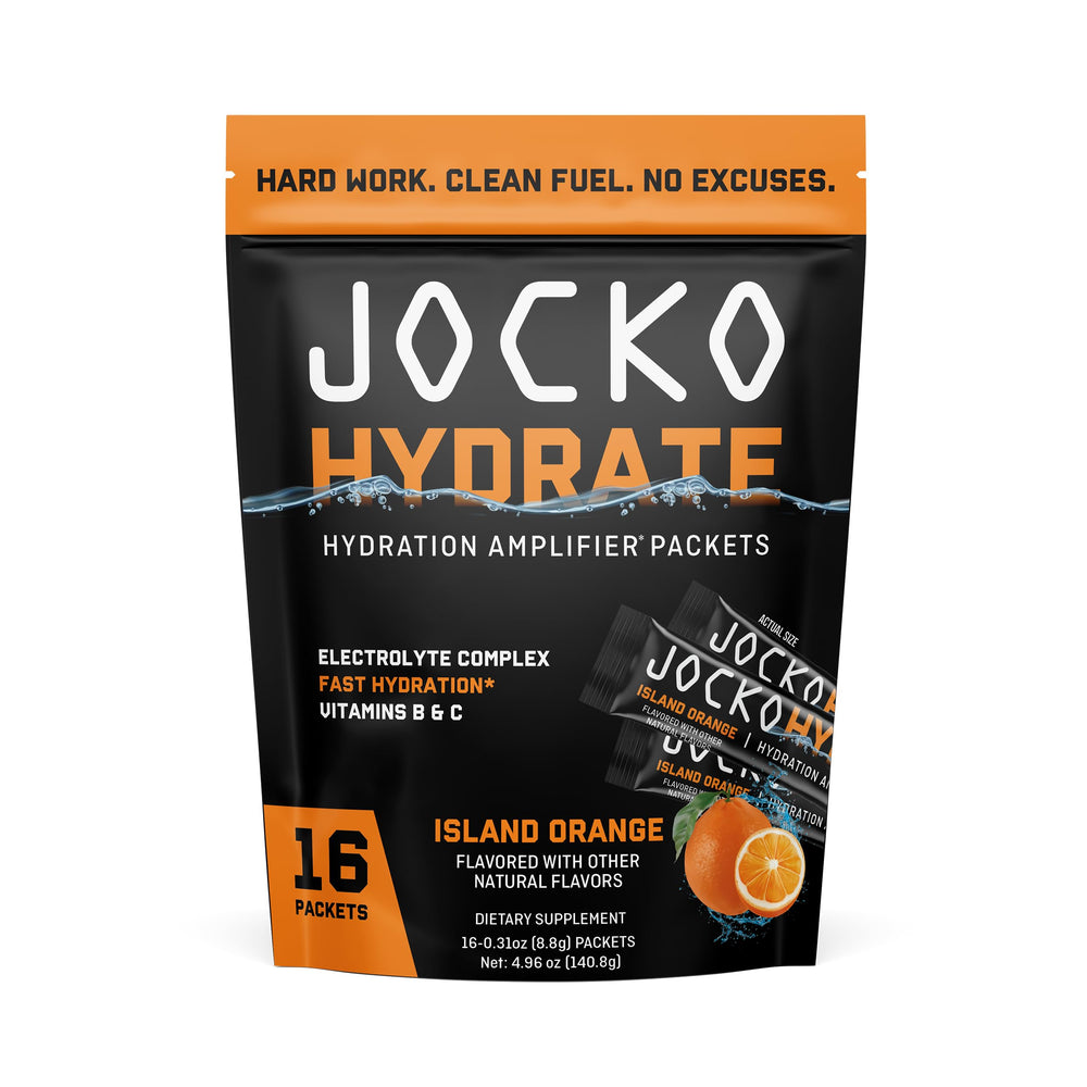 Jocko Fuel Hydrate Island Orange packet ready to mix for on-the-go hydration.