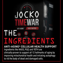 Jocko Fuel Time War packaging box highlighting vitamins for wellness.