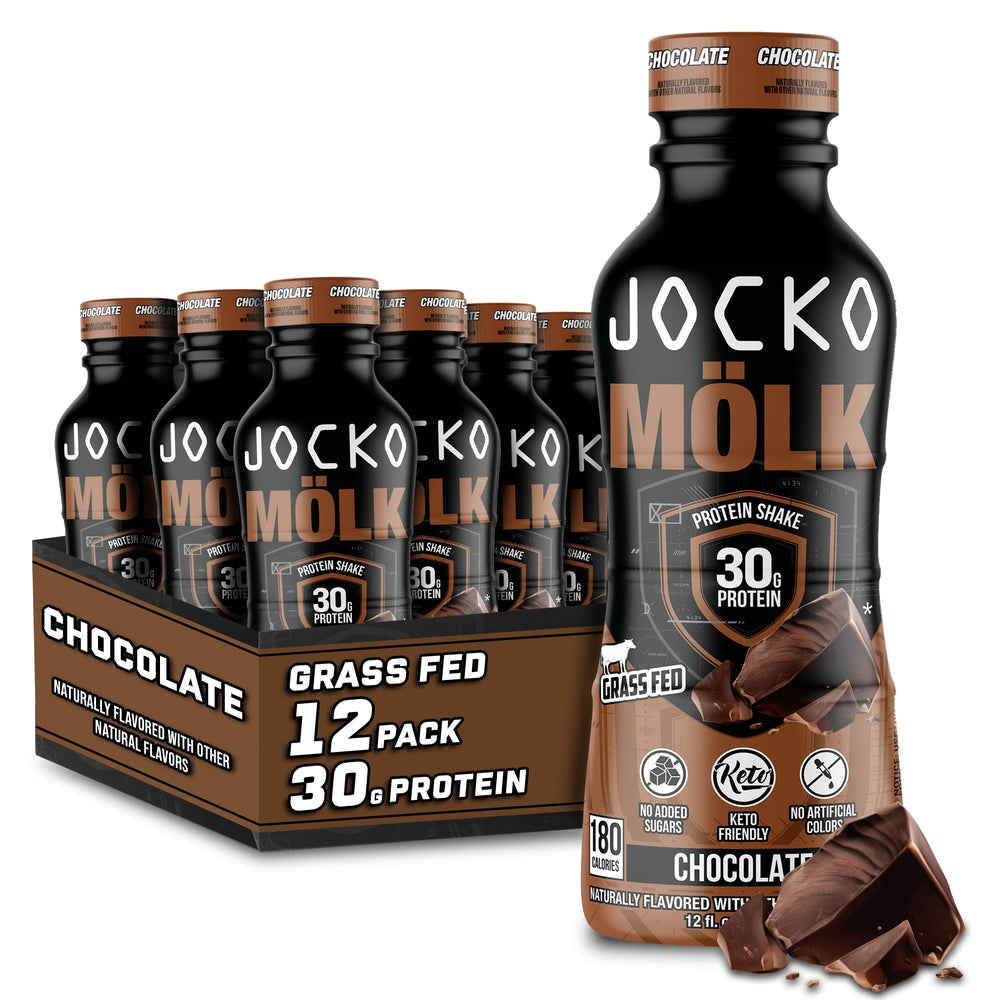 Jocko Mölk chocolate bottle pour shows convenient ready-to-drink protein.