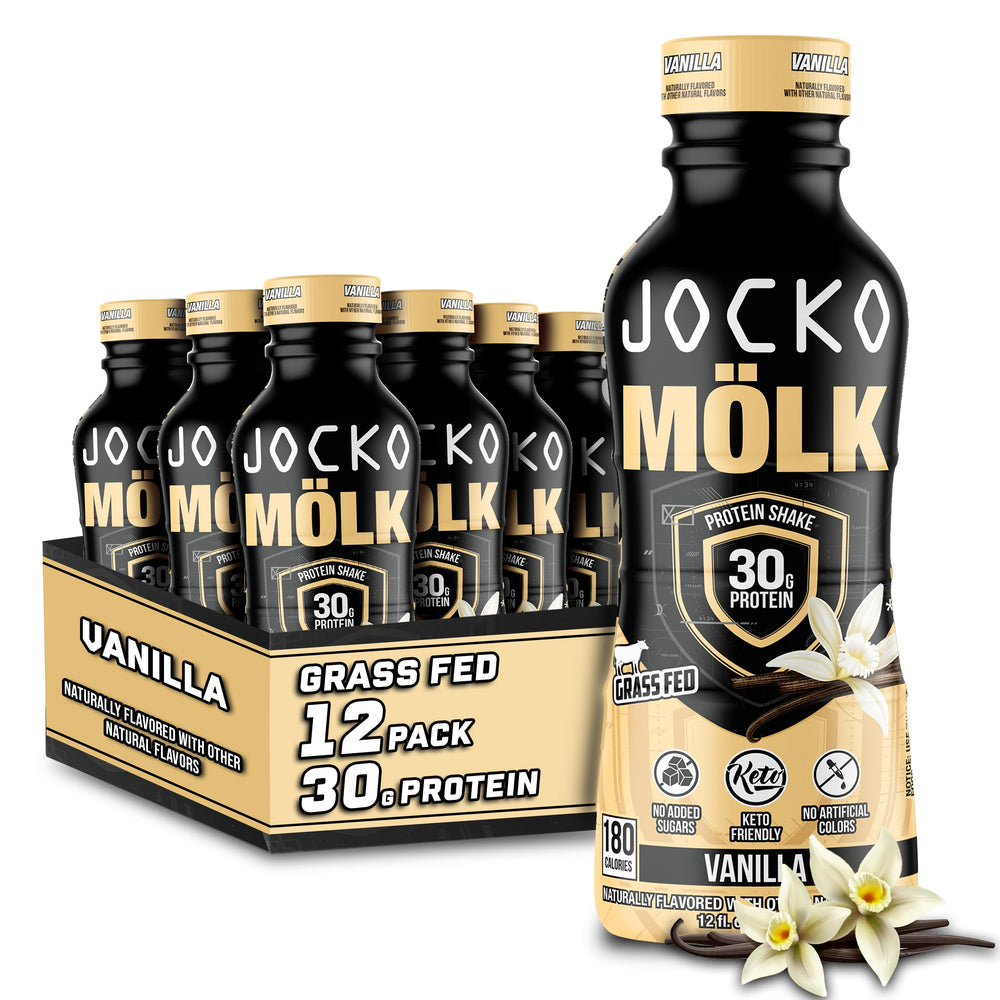 Jocko Mölk vanilla ready-to-drink bottle showing creamy texture for post-workout recovery.
