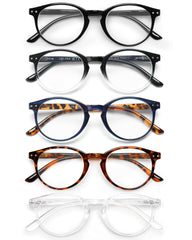 JOLISU 5-pack round-frame reading glasses with blue light blocking for comfortable all-day use.