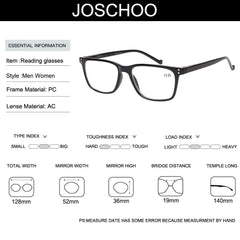 JOSCHOO rectangular reading glasses with spring hinges for a secure flexible fit.