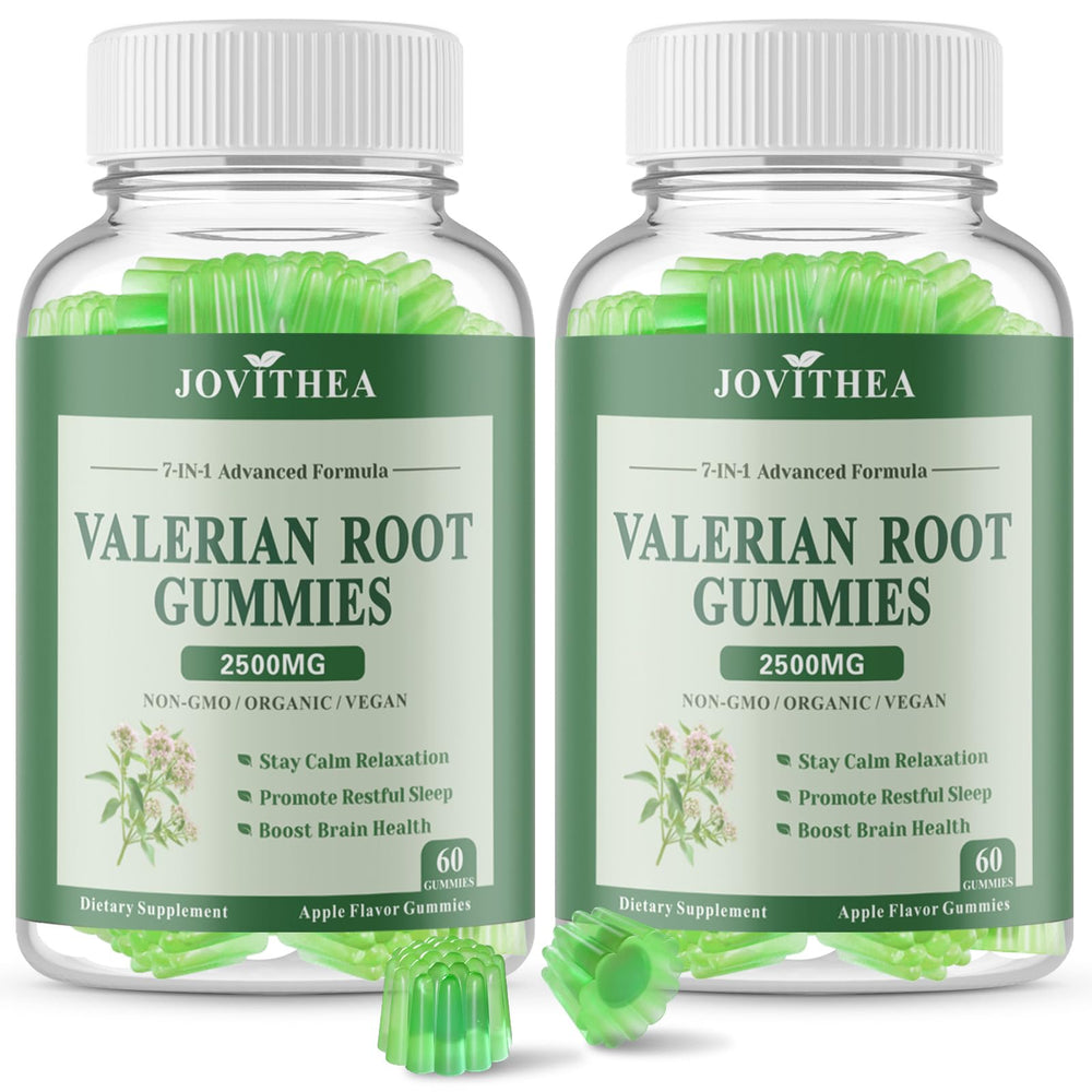 JOVITHEA valerian gummies front bottle showing calming sleep support and apple flavor