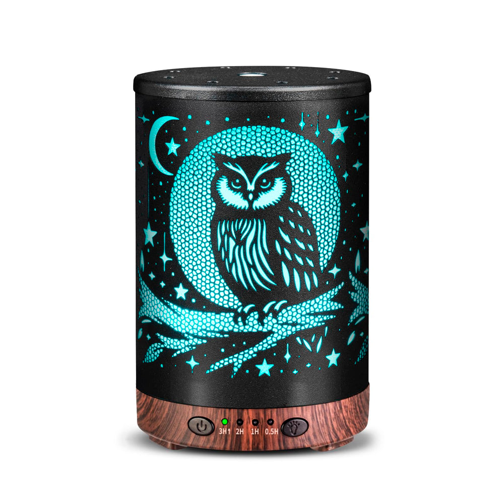 JOYOLO essential oil diffuser in metal owl design for room scent and ambient lighting.