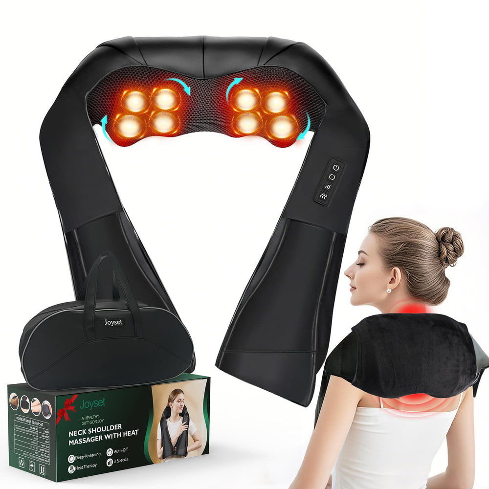 Joyset Shiatsu neck massager with heat cover delivering soothing neck relief at home.