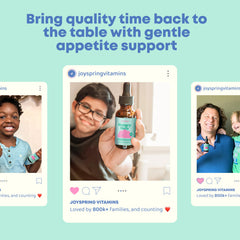 JoySpring Appetite Booster drops dispensed into a drink supports mealtime routines