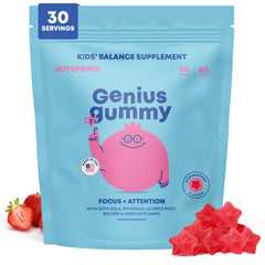 JoySpring Genius Kids Focus Gummies bottle on kitchen counter supports family-friendly cognitive focus.