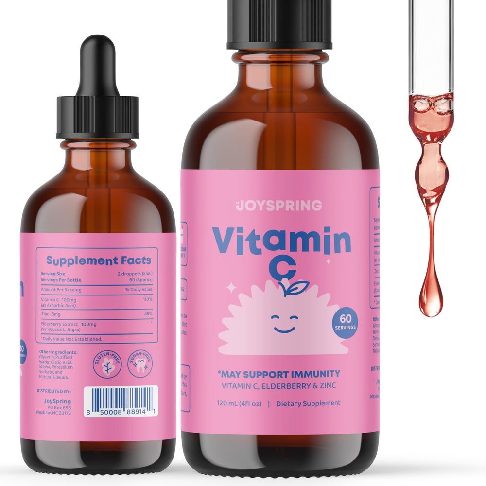 JoySpring vitamin C drops bottle for kids with elderberry supports daily immune health.