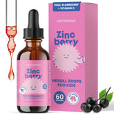 JoySpring ZincBerry bottle front shows kid-friendly elderberry flavor for daily immune support.