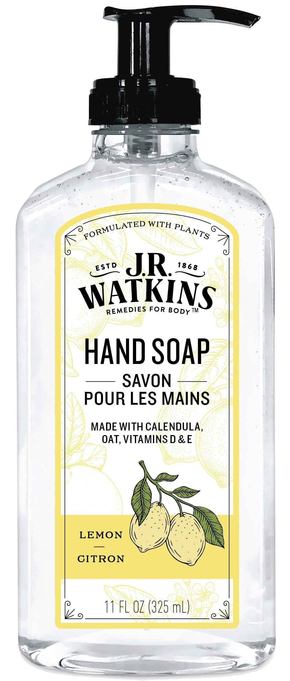 J.R. Watkins Naturals Lemon Hand Soap bottle with crisp lemon aroma for refreshing hand cleansing