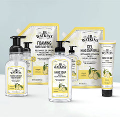 J.R. Watkins Naturals Lemon Hand Soap lather close-up suggesting rich foam and scent