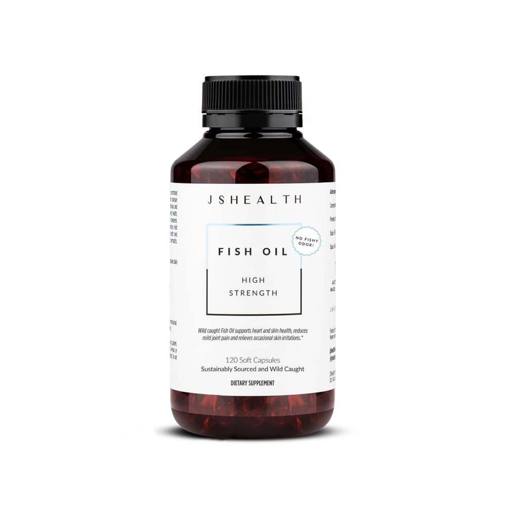 JSHealth high-strength fish oil capsules ready for daily Omega-3 support.
